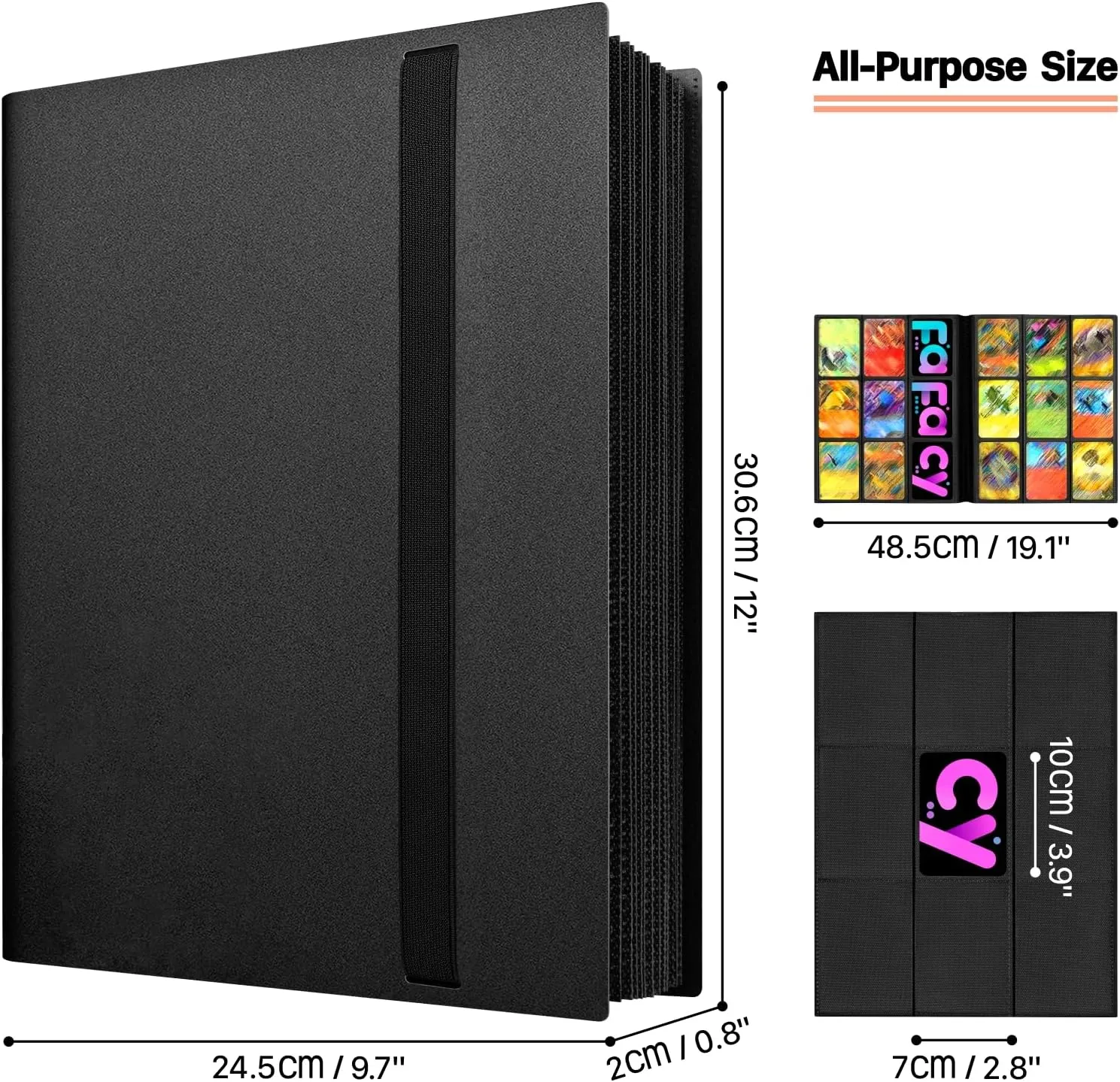(2025) Trading Card Binder 9 Pocket, Premium Sports Collection Binder Game Cards Book with Sleeves Side Loading, Anti-open Strap Double Sided Waterproof 360 Card Folder