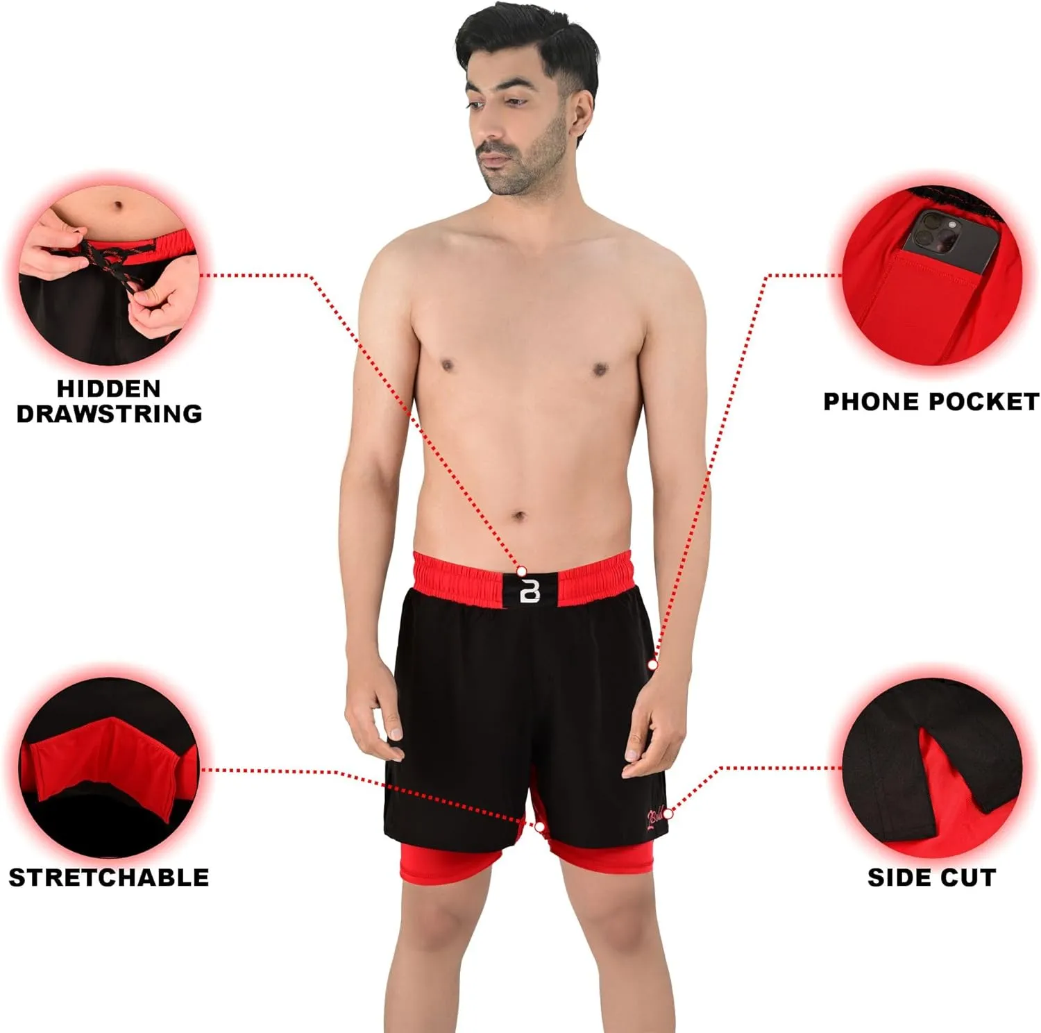 2BOLD MMA Shorts Mens 2 in 1 Jiu-Jitsu Built in Compression Lining Athletic Gym Boxing Muay Thai BJJ No-Gi Grappling Shorts