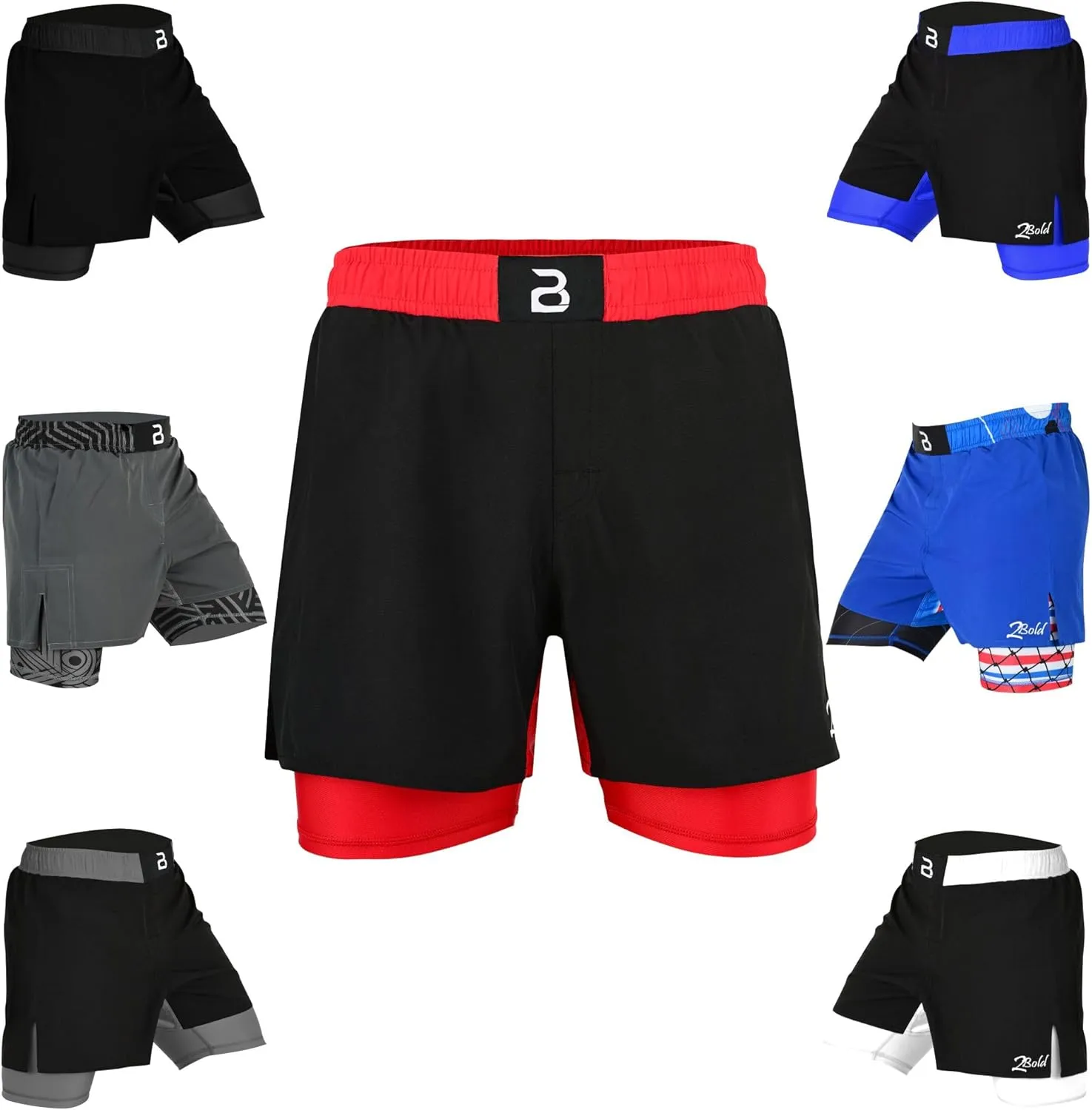 2BOLD MMA Shorts Mens 2 in 1 Jiu-Jitsu Built in Compression Lining Athletic Gym Boxing Muay Thai BJJ No-Gi Grappling Shorts