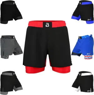 2BOLD MMA Shorts Mens 2 in 1 Jiu-Jitsu Built in Compression Lining Athletic Gym Boxing Muay Thai BJJ No-Gi Grappling Shorts