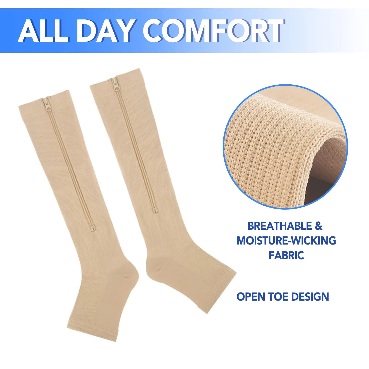 3 Pairs Zippre Compression Socks - Calf Knee High Open Toe Compression Stockings 15-20mmHg for Walking,Running 01 Nude Large-X-Large