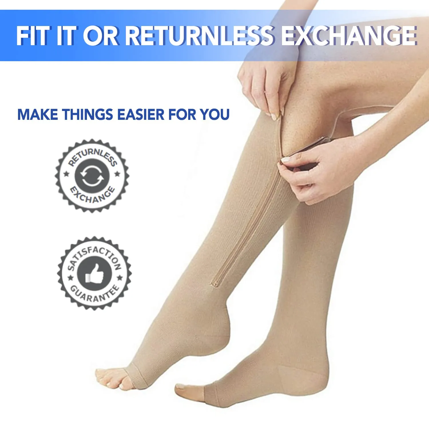 3 Pairs Zippre Compression Socks - Calf Knee High Open Toe Compression Stockings 15-20mmHg for Walking,Running 01 Nude Large-X-Large