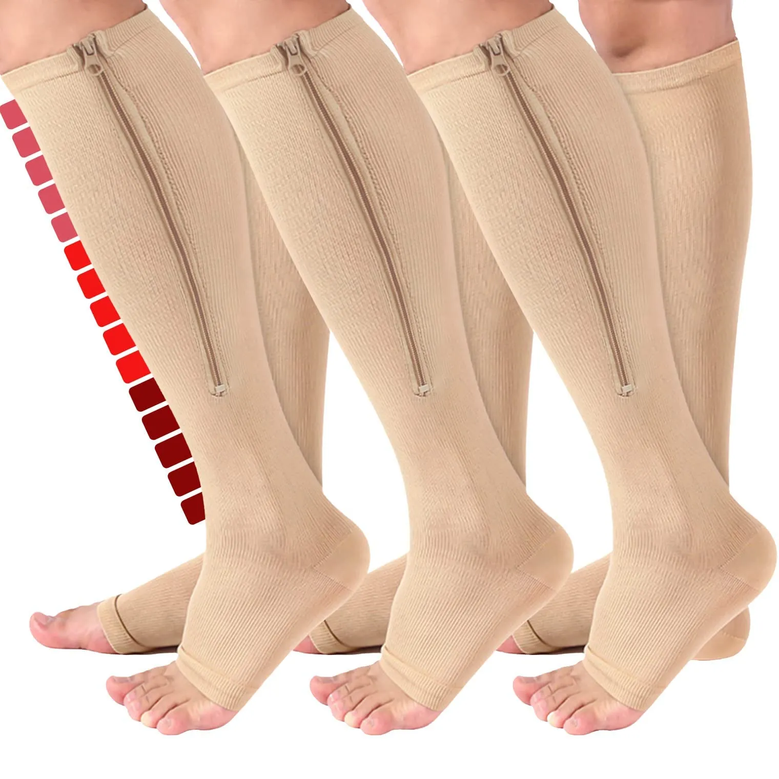 3 Pairs Zippre Compression Socks - Calf Knee High Open Toe Compression Stockings 15-20mmHg for Walking,Running 01 Nude Large-X-Large