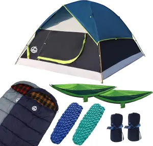 9 Pieces Camping Tent Kit, Including 1x Dome Tent for 2/3 Person, 2X Sleeping Bag, 2X Air Mattress Camping Mat, 2X Single Camping Hammock with 2 Tree Straps, 2X Lightweight Blanket
