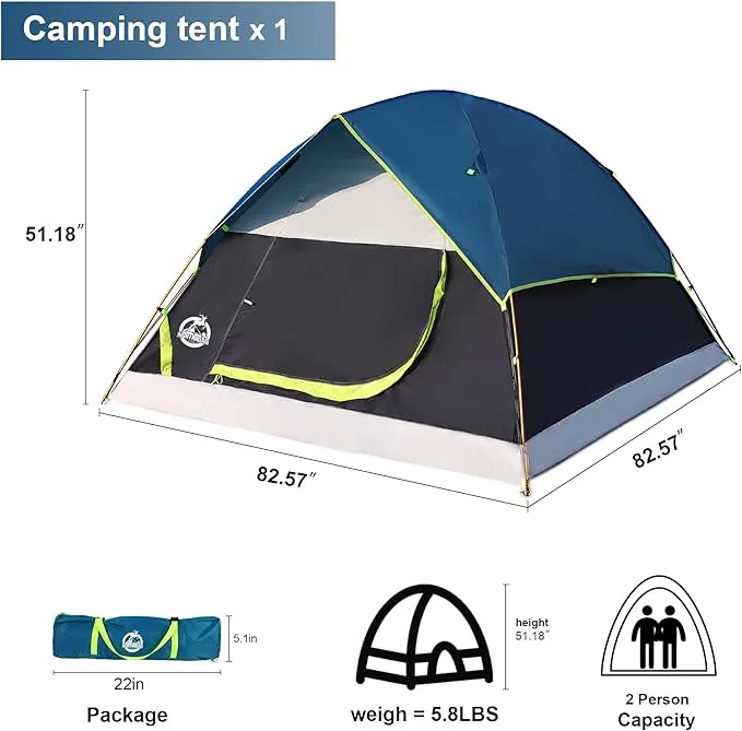 9 Pieces Camping Tent Kit, Including 1x Dome Tent for 2/3 Person, 2X Sleeping Bag, 2X Air Mattress Camping Mat, 2X Single Camping Hammock with 2 Tree Straps, 2X Lightweight Blanket