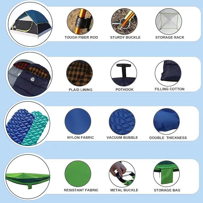 9 Pieces Camping Tent Kit, Including 1x Dome Tent for 2/3 Person, 2X Sleeping Bag, 2X Air Mattress Camping Mat, 2X Single Camping Hammock with 2 Tree Straps, 2X Lightweight Blanket