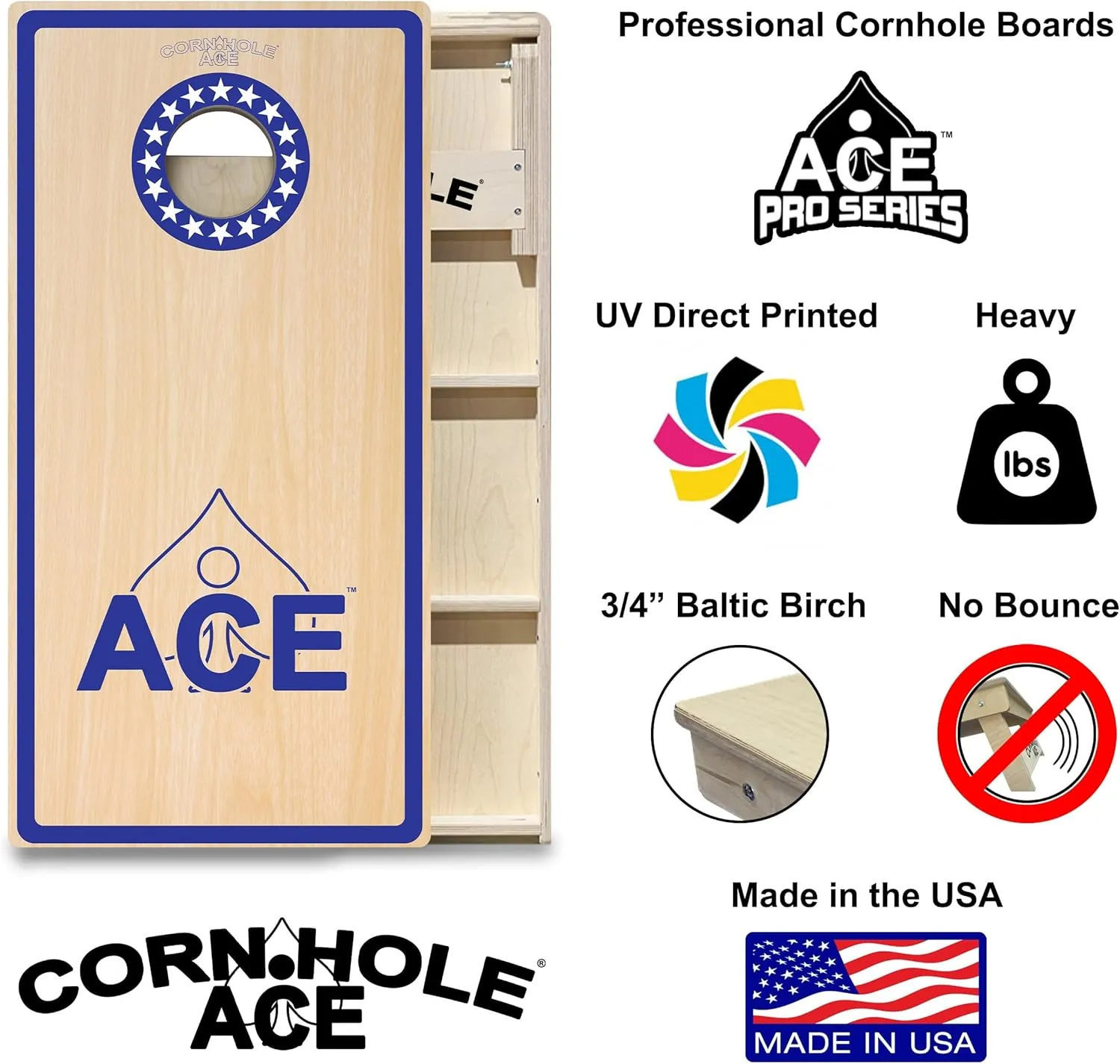 ACE PRO Professional Cornhole Boards | No Bounce | Triple Wide Legs, 3/4 inch Baltic Birch Plywood, Handles, Regulation Size, Tournament Style, Official Brand, Made in USA