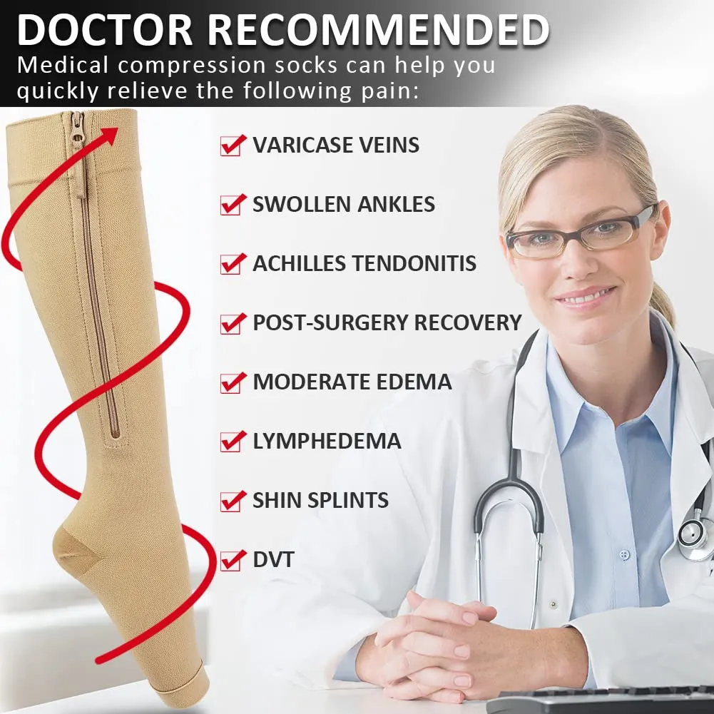 Ailaka Compression Stockings with Zipper, 15-20 mmhg Class 1 Compression Stockings for Men and Women, Support Stockings with Open Toes for Varicose Veins, Edema, Recovery, Pregnant Large (1 Pair) Beige