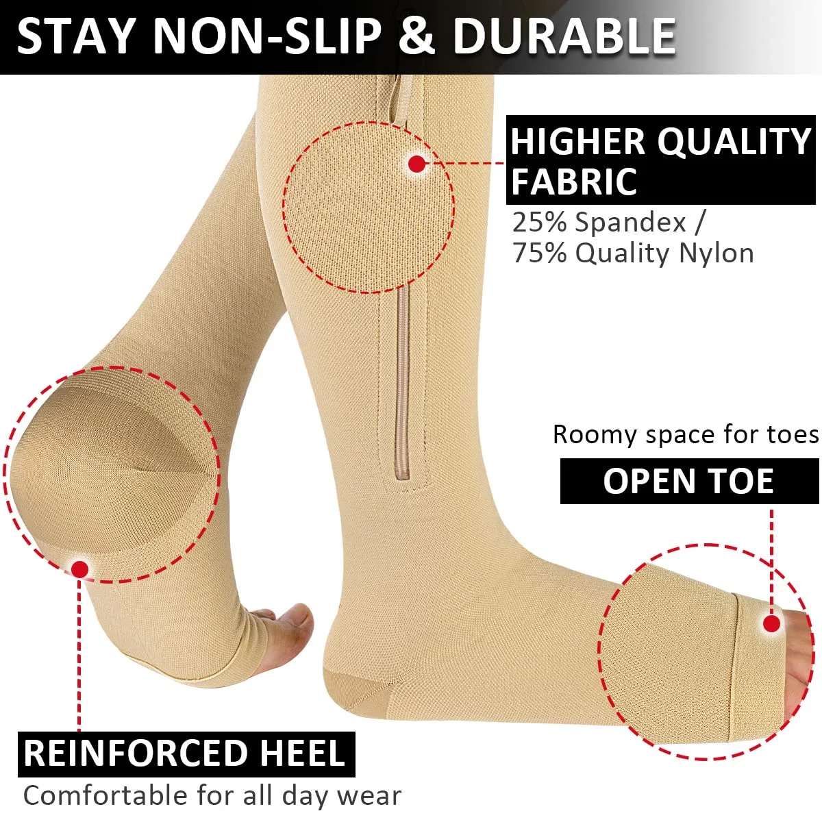 Ailaka Compression Stockings with Zipper, 15-20 mmhg Class 1 Compression Stockings for Men and Women, Support Stockings with Open Toes for Varicose Veins, Edema, Recovery, Pregnant Large (1 Pair) Beige