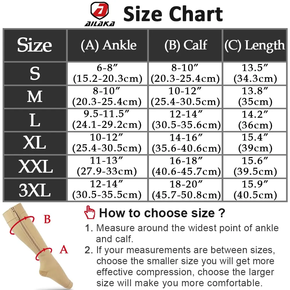 Ailaka Compression Stockings with Zipper, 15-20 mmhg Class 1 Compression Stockings for Men and Women, Support Stockings with Open Toes for Varicose Veins, Edema, Recovery, Pregnant Large (1 Pair) Beige