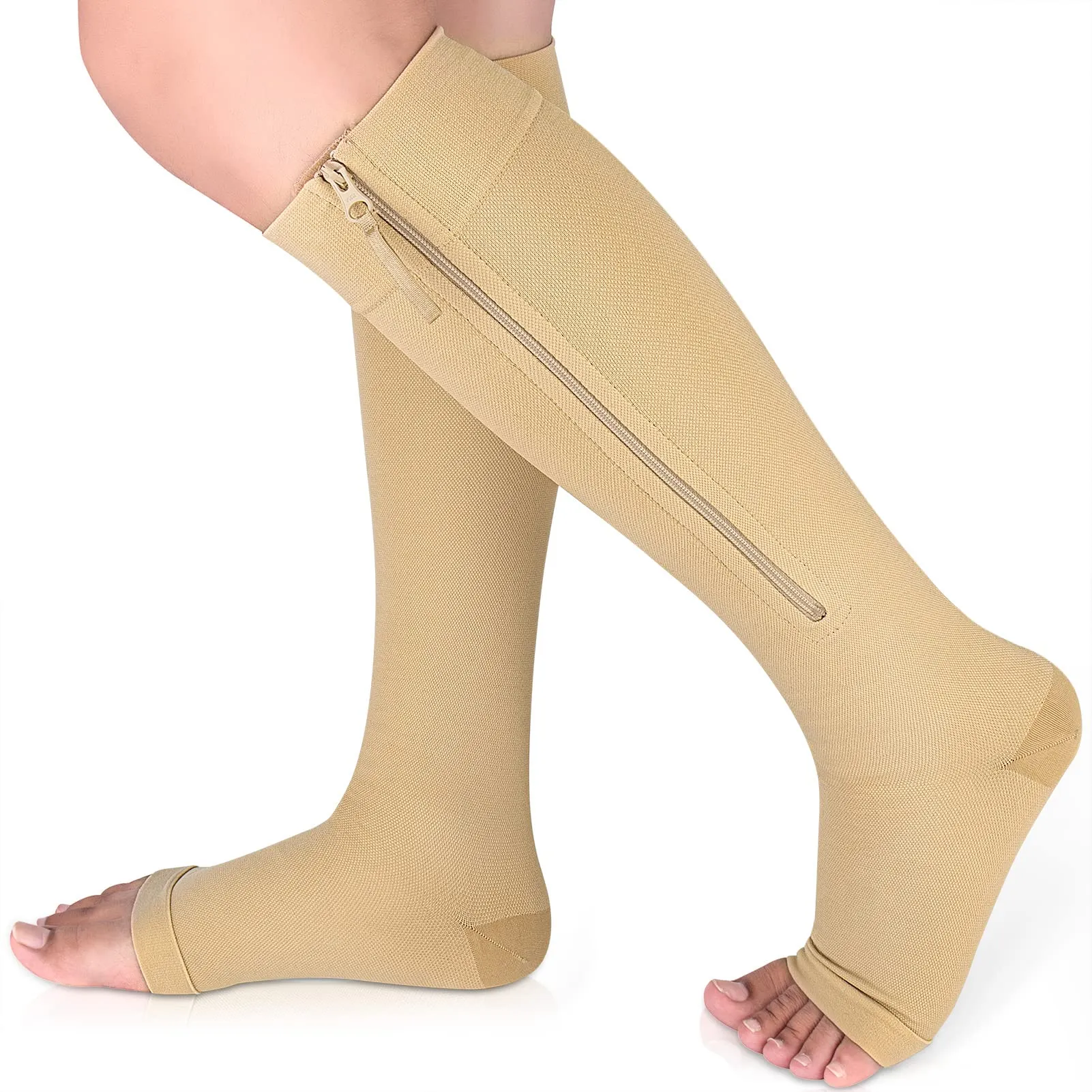 Ailaka Compression Stockings with Zipper, 15-20 mmhg Class 1 Compression Stockings for Men and Women, Support Stockings with Open Toes for Varicose Veins, Edema, Recovery, Pregnant Large (1 Pair) Beige