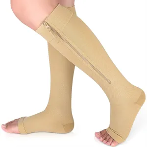 Ailaka Compression Stockings with Zipper, 15-20 mmhg Class 1 Compression Stockings for Men and Women, Support Stockings with Open Toes for Varicose Veins, Edema, Recovery, Pregnant Large (1 Pair) Beige