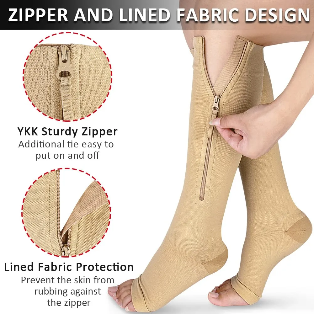 Ailaka Compression Stockings with Zipper, 15-20 mmhg Class 1 Compression Stockings for Men and Women, Support Stockings with Open Toes for Varicose Veins, Edema, Recovery, Pregnant Large (1 Pair) Beige