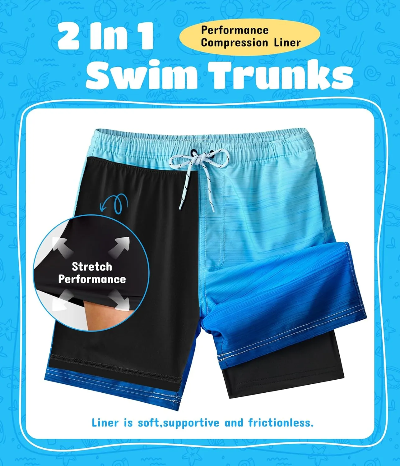 Boys Swim Trunks with Compression Liner Quick Dry Swim Shorts Summer Beach Shorts
