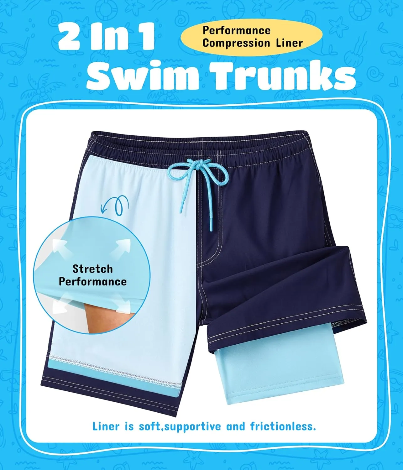 Boys Swim Trunks with Compression Liner Quick Dry Swim Shorts Summer Beach Shorts