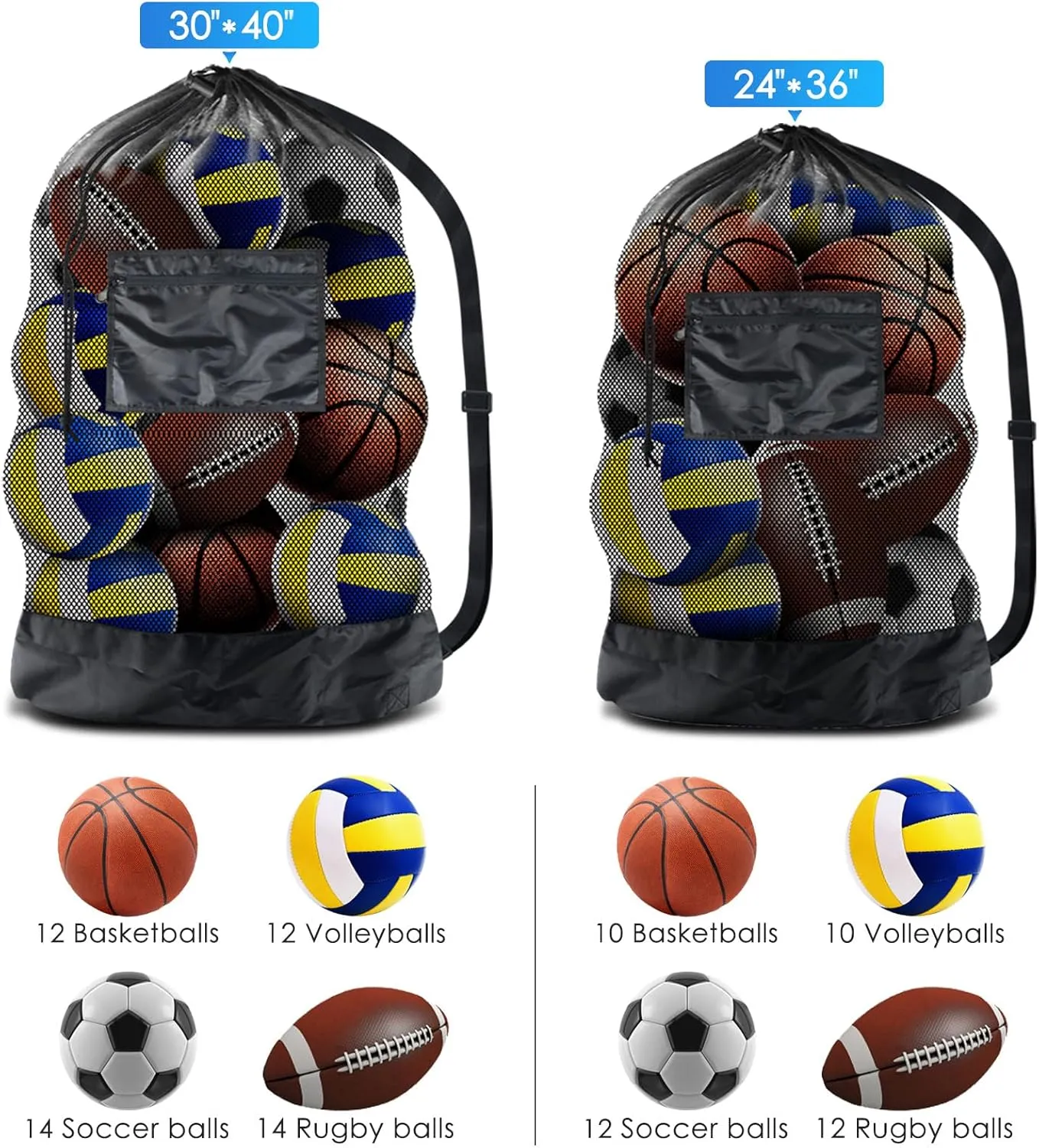 BROTOU Extra Large Sports Ball Bag Mesh, 5PCS Soccer Ball Bag Heavy Duty Drawstring Bags, Team Work for Holding Basketball, Volleyball, Baseball, Swimming Gear with Shoulder Strap