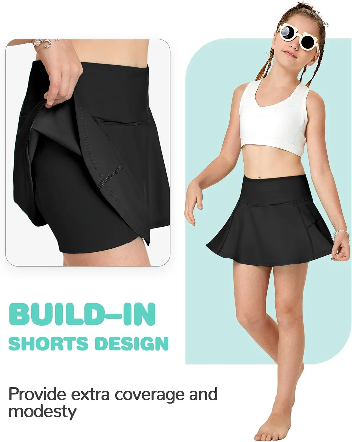 FitsT4 Sports Girls Swim Skirts with Pocket UPF 50  Swimming Bottom Kids Bathing Skort for Surfing Beach Volleyball