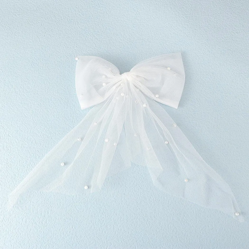 JEAIRTS Bridal Hair Bow Veil Pearl Wedding Hair Piece White Tulle Bow with Clip Bachelorette Party Hair Accessories for Women (Style 1)