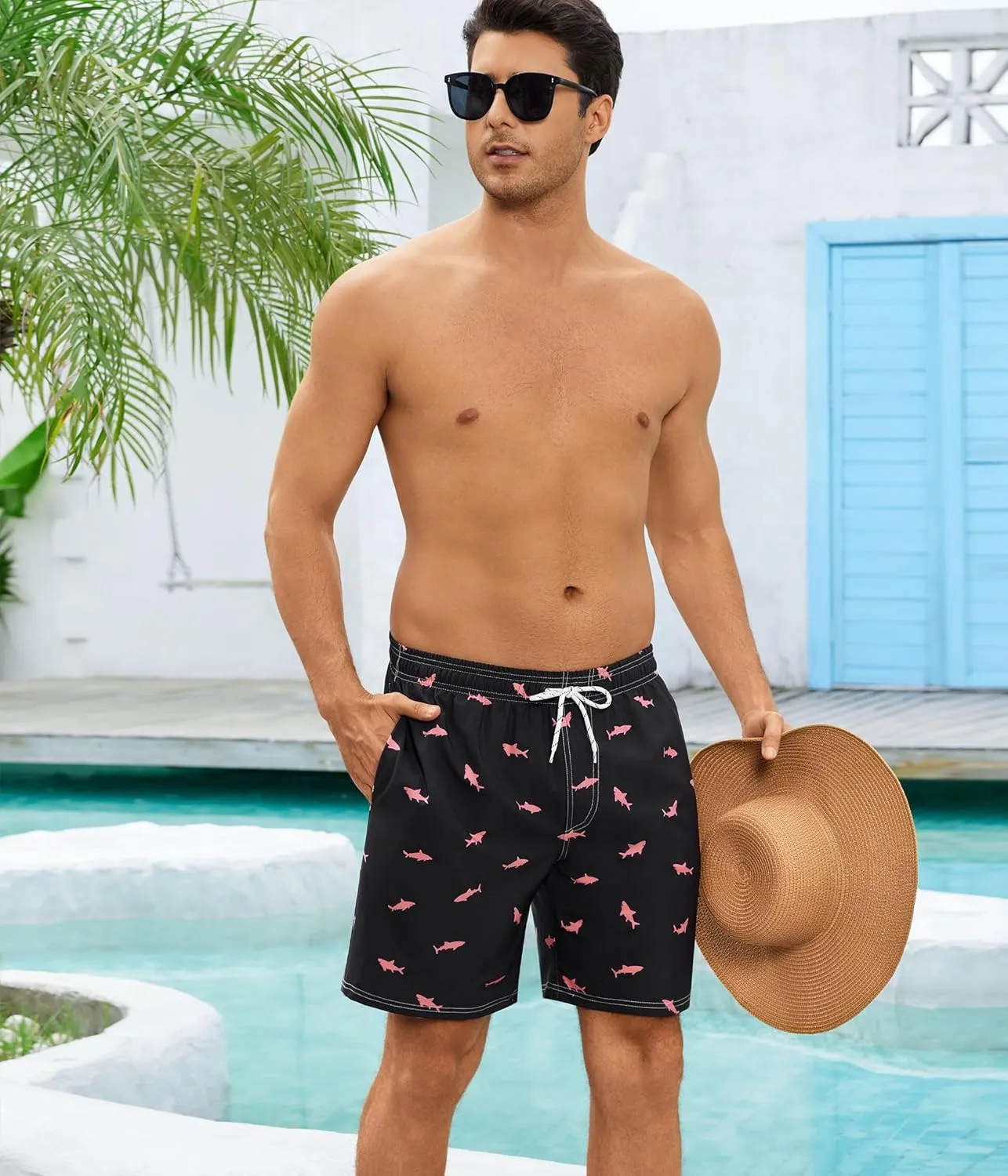 Mens Swim Trunks with Compression Liner 7 Inch Swim Trunks Quick Dry Surfing Beach Shorts Hawaii Sports Shorts