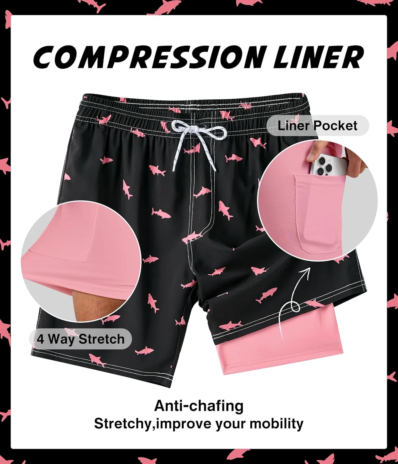 Mens Swim Trunks with Compression Liner 7 Inch Swim Trunks Quick Dry Surfing Beach Shorts Hawaii Sports Shorts
