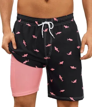 Mens Swim Trunks with Compression Liner 7 Inch Swim Trunks Quick Dry Surfing Beach Shorts Hawaii Sports Shorts