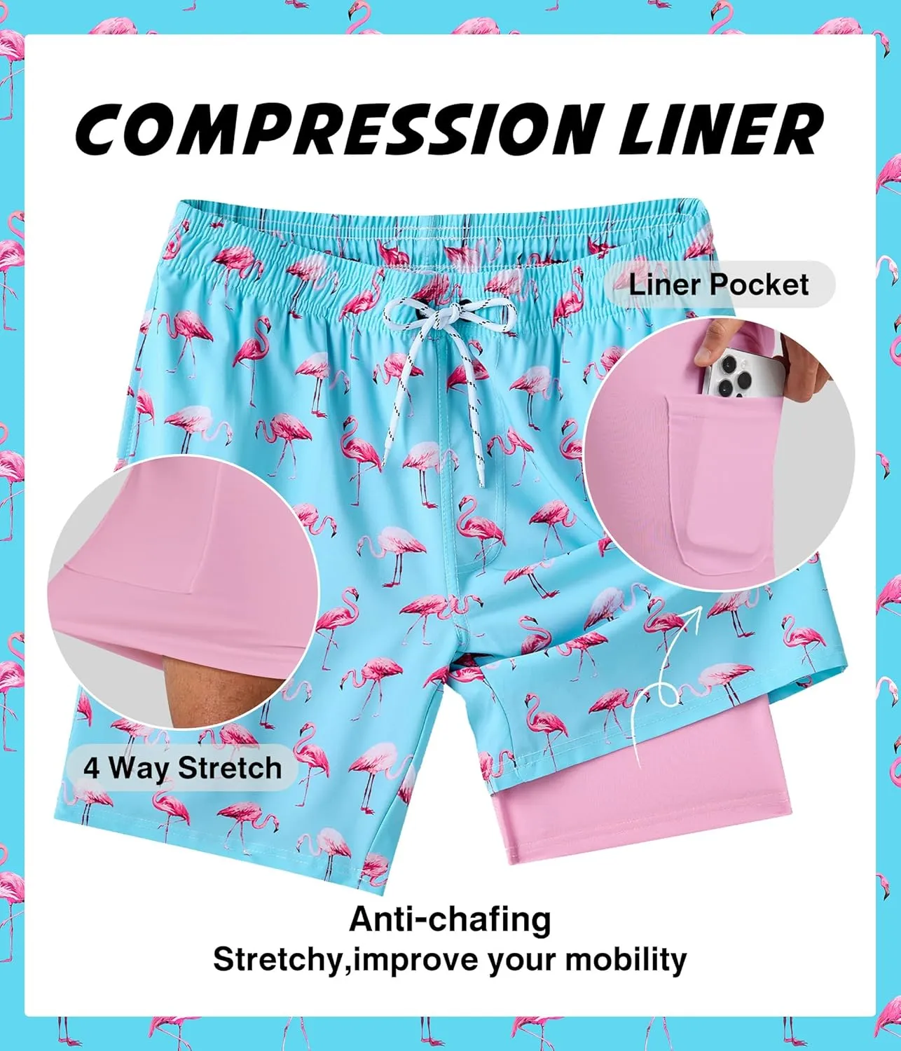 Mens Swim Trunks with Compression Liner 7 Inch Swim Trunks Quick Dry Surfing Beach Shorts Hawaii Sports Shorts