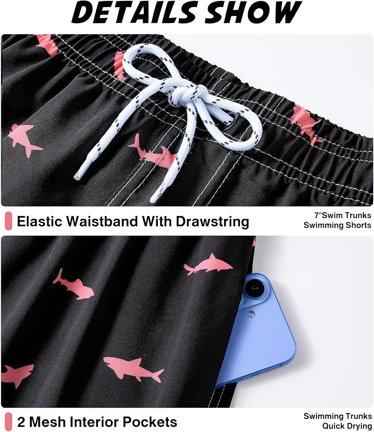 Mens Swim Trunks with Compression Liner 7 Inch Swim Trunks Quick Dry Surfing Beach Shorts Hawaii Sports Shorts