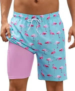 Mens Swim Trunks with Compression Liner 7 Inch Swim Trunks Quick Dry Surfing Beach Shorts Hawaii Sports Shorts