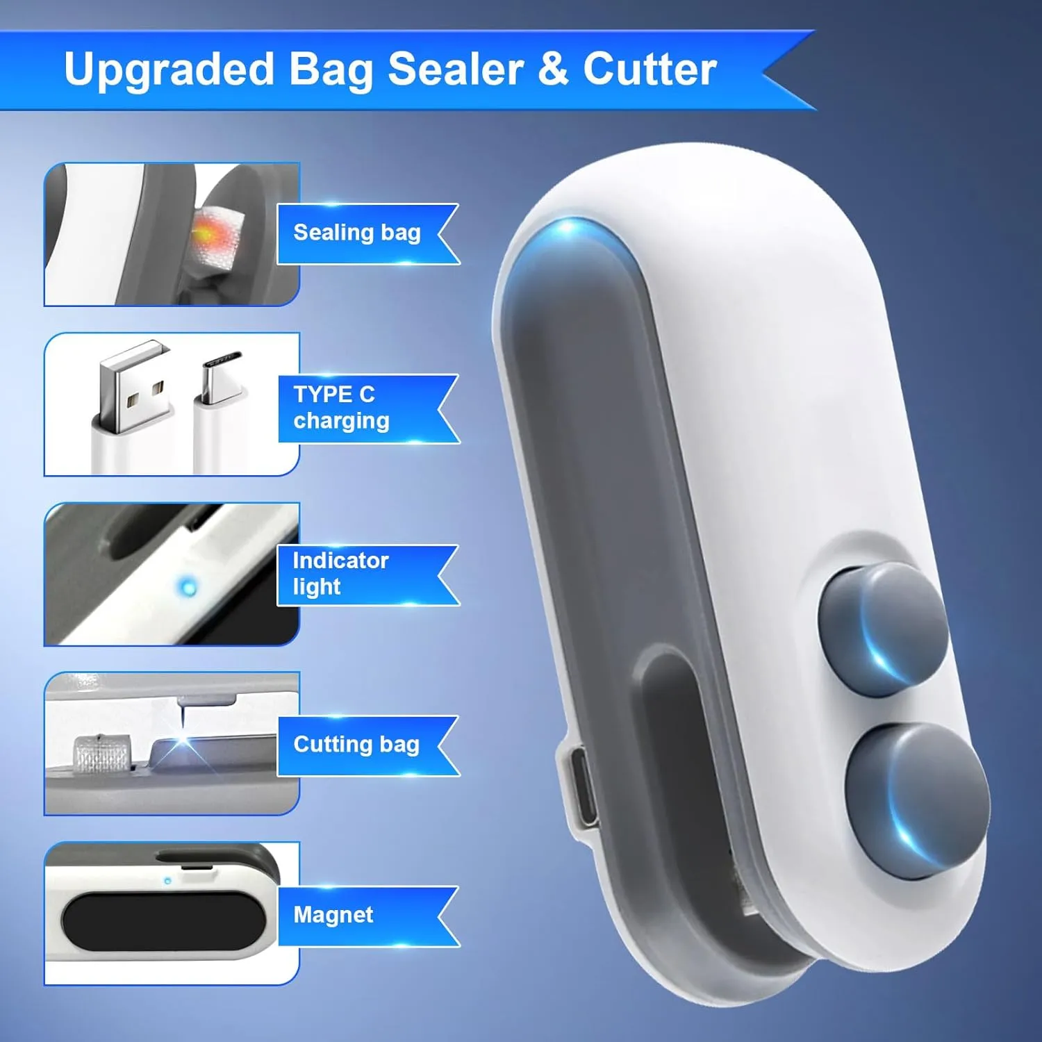 Mini Bag Sealer, 2025 2-in-1 USB-C Rechargeable Snack Bag Sealer, Magnetic Food Sealer with Cutter Bag Resealer Machine Handheld Heat Sealer for Plastic Snack Bags Freshness