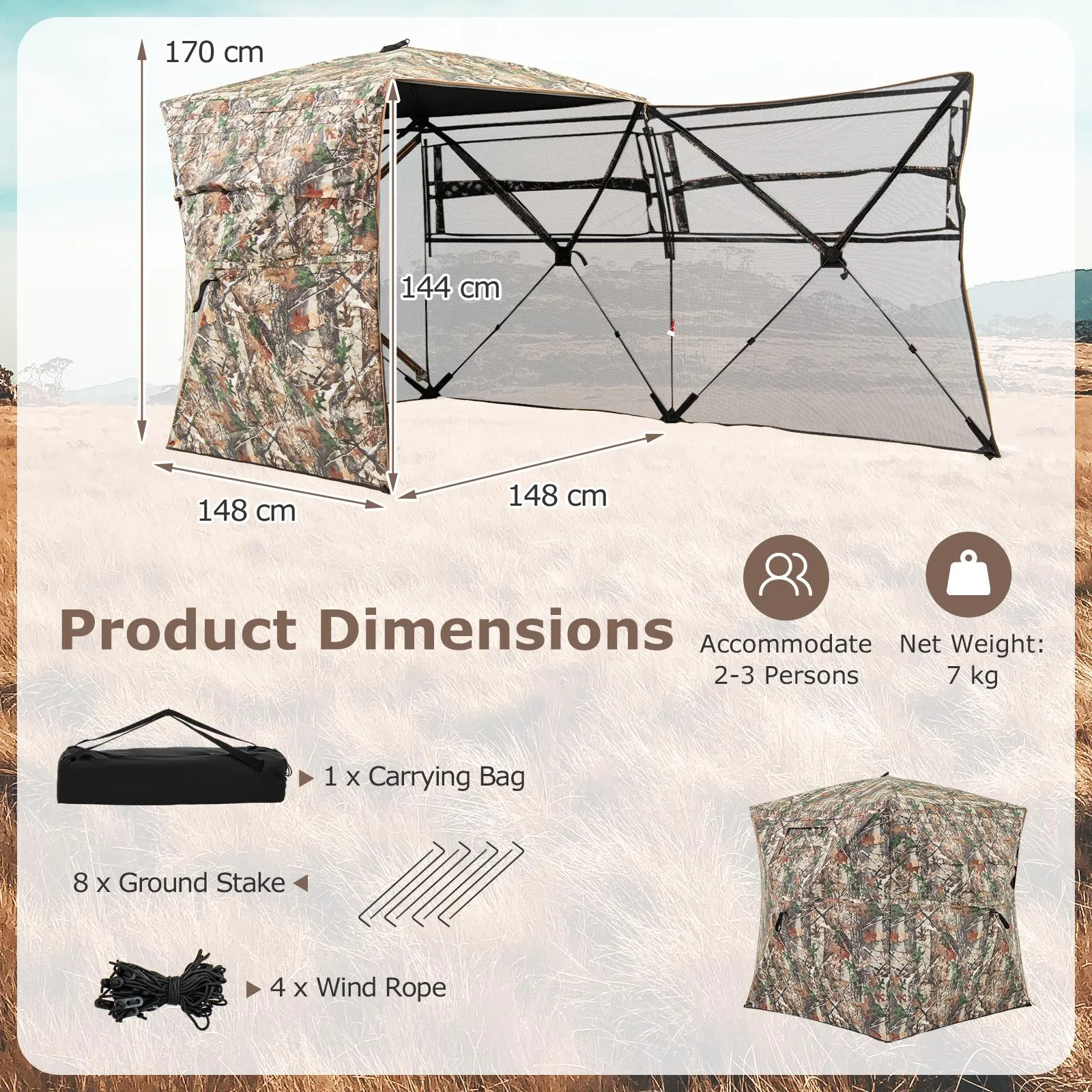 Pop-up Hunting Blind 360-Degree One Way See Through Ground Blind