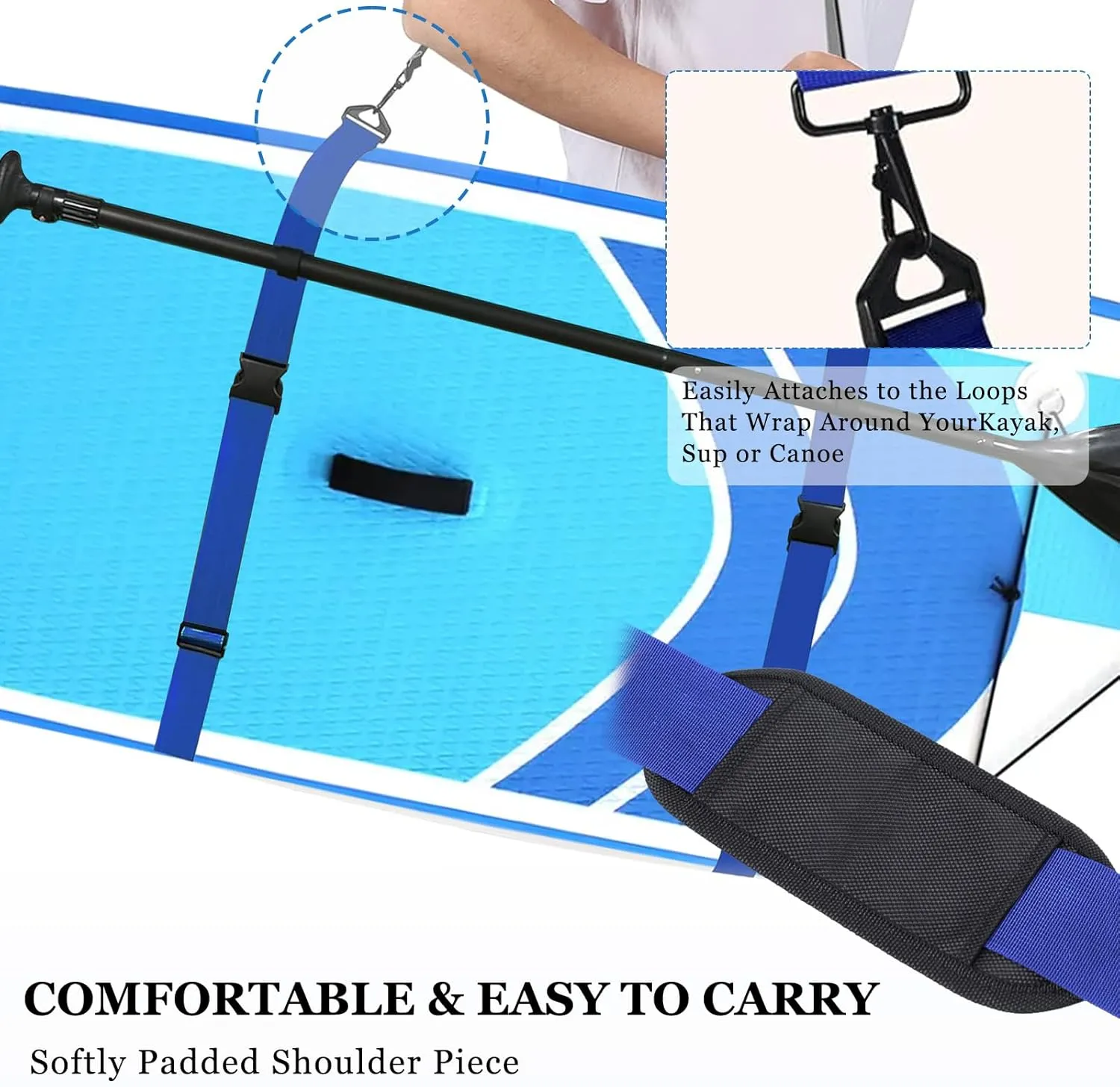 SUP Kayak Carry Strap Adjustable Shoulder Strap with 2 Kayak Storage Hooks