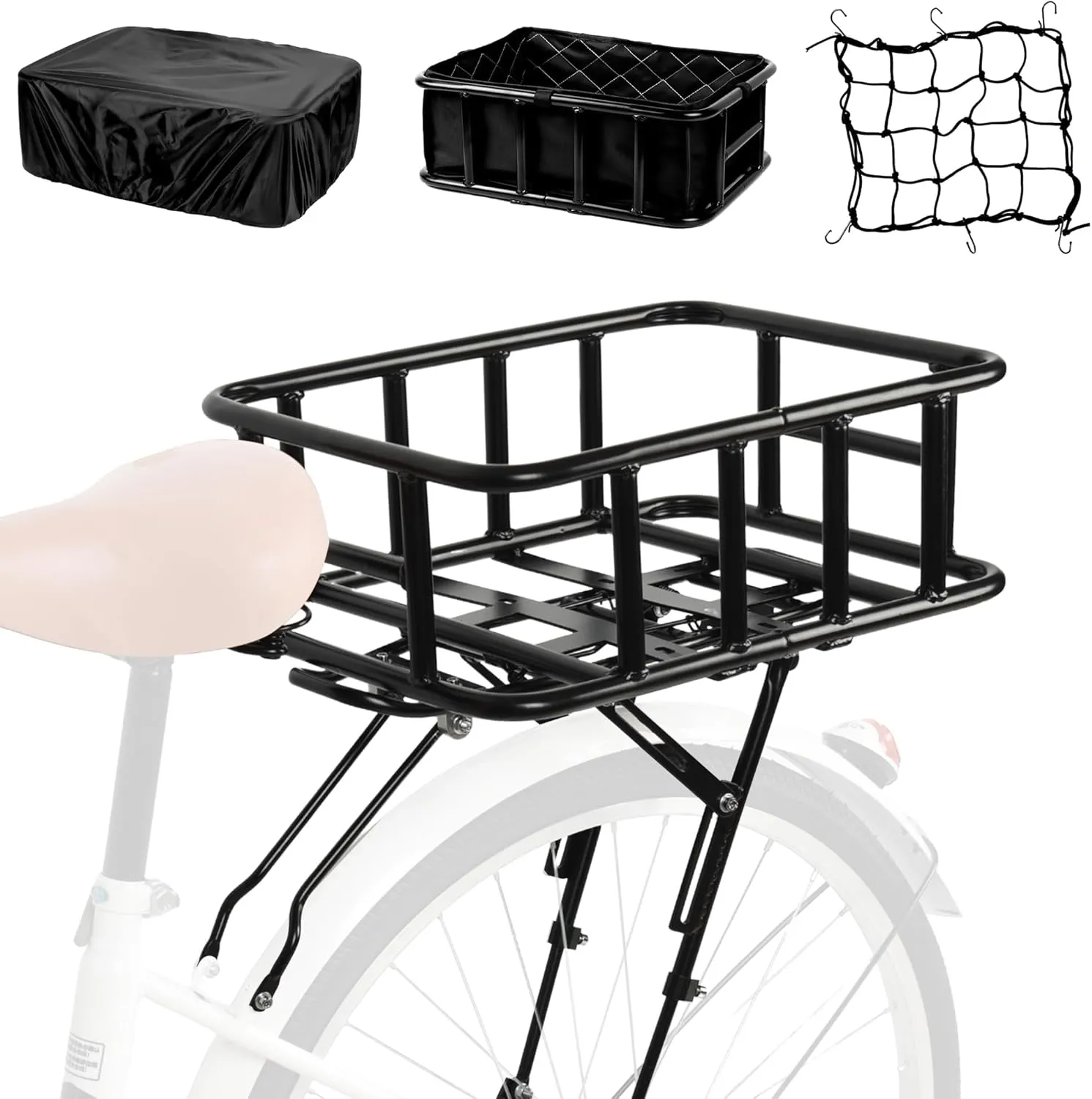 Universal Rear Bike Rack with Basket - Bicycle Cargo Rack with Cargo Net and Linner, Cycling Pannier Rack, Adjustable Bike Touring Luggage Racks