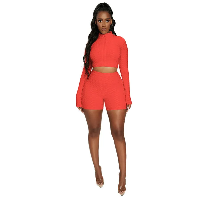 Women 2 Piece Workout Outfit Sets Bubble Textured Butt Lift Biker Shorts Summer Gym Yoga Tracksuits