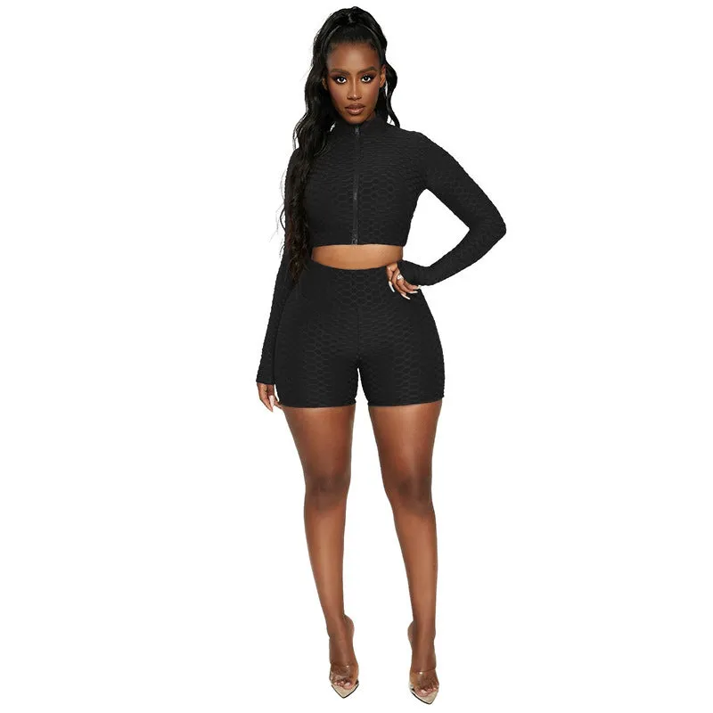 Women 2 Piece Workout Outfit Sets Bubble Textured Butt Lift Biker Shorts Summer Gym Yoga Tracksuits