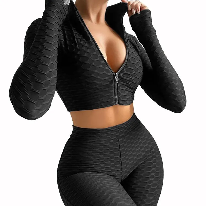 Women 2 Piece Workout Outfit Sets Bubble Textured Butt Lift Biker Shorts Summer Gym Yoga Tracksuits