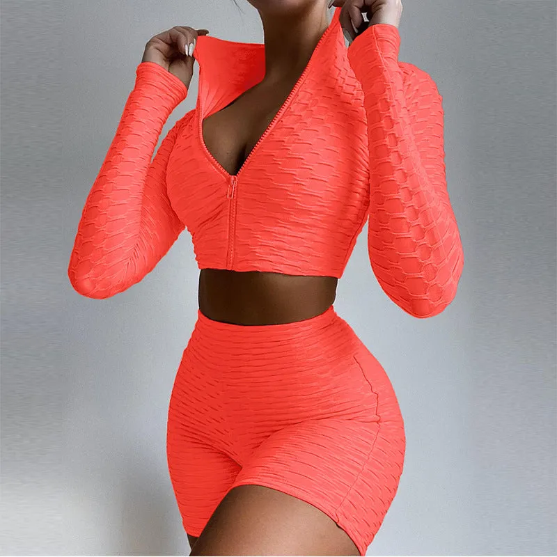 Women 2 Piece Workout Outfit Sets Bubble Textured Butt Lift Biker Shorts Summer Gym Yoga Tracksuits