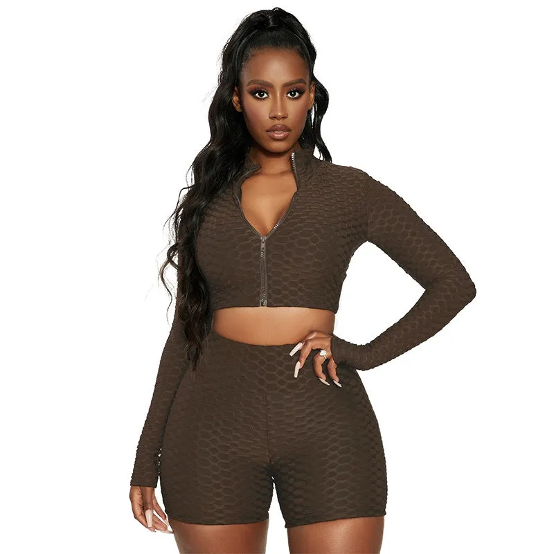 Women 2 Piece Workout Outfit Sets Bubble Textured Butt Lift Biker Shorts Summer Gym Yoga Tracksuits