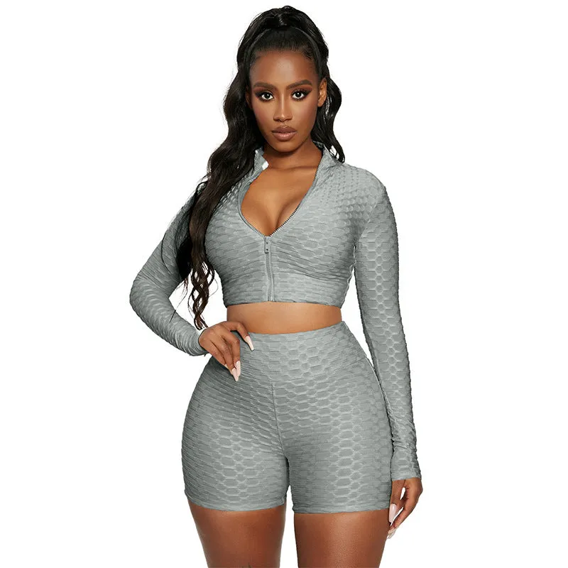 Women 2 Piece Workout Outfit Sets Bubble Textured Butt Lift Biker Shorts Summer Gym Yoga Tracksuits