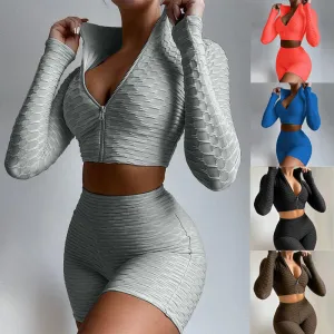Women 2 Piece Workout Outfit Sets Bubble Textured Butt Lift Biker Shorts Summer Gym Yoga Tracksuits