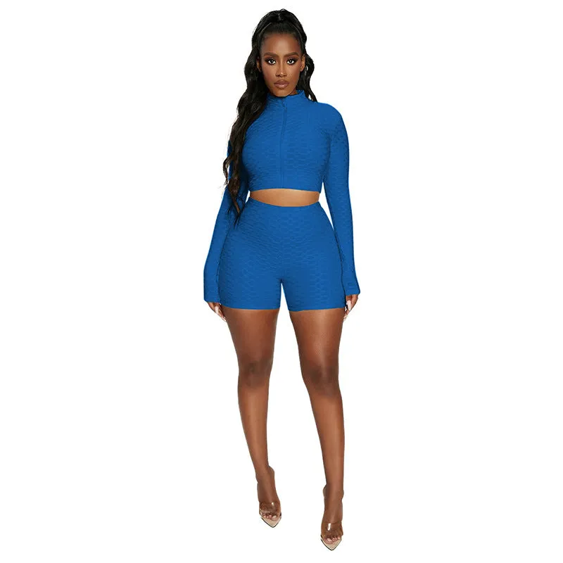 Women 2 Piece Workout Outfit Sets Bubble Textured Butt Lift Biker Shorts Summer Gym Yoga Tracksuits