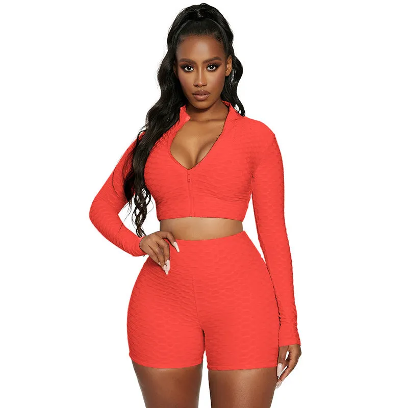 Women 2 Piece Workout Outfit Sets Bubble Textured Butt Lift Biker Shorts Summer Gym Yoga Tracksuits