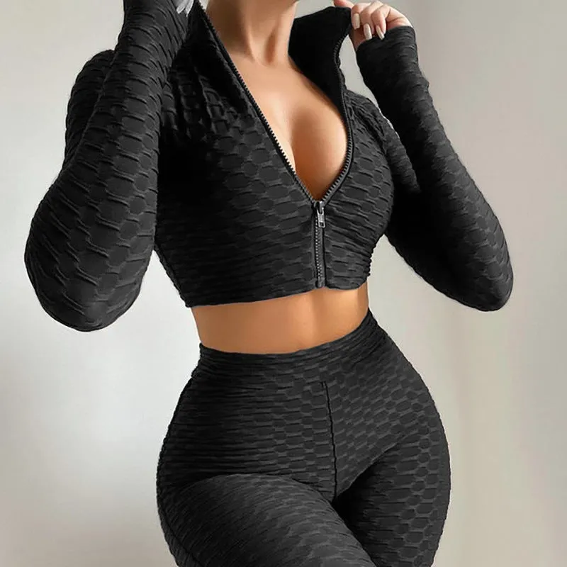 Women 2 Piece Workout Outfit Sets Bubble Textured Butt Lift Biker Shorts Summer Gym Yoga Tracksuits