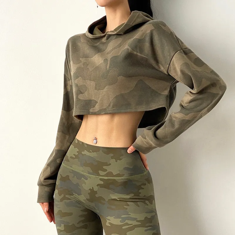 Women Camouflage Running Jacket Hooded Gym Sport Sweatshirts Femme Jogger Fitness Hoodie Long Sleeve Yoga Shirts Crop Top