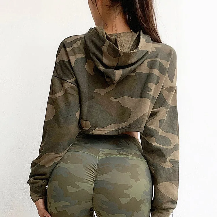 Women Camouflage Running Jacket Hooded Gym Sport Sweatshirts Femme Jogger Fitness Hoodie Long Sleeve Yoga Shirts Crop Top