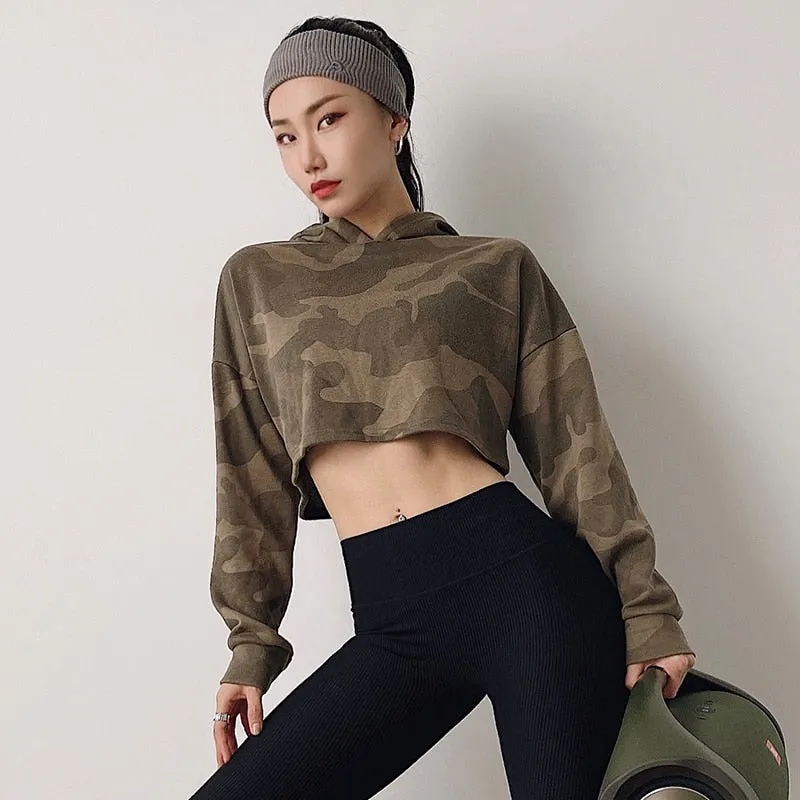 Women Camouflage Running Jacket Hooded Gym Sport Sweatshirts Femme Jogger Fitness Hoodie Long Sleeve Yoga Shirts Crop Top