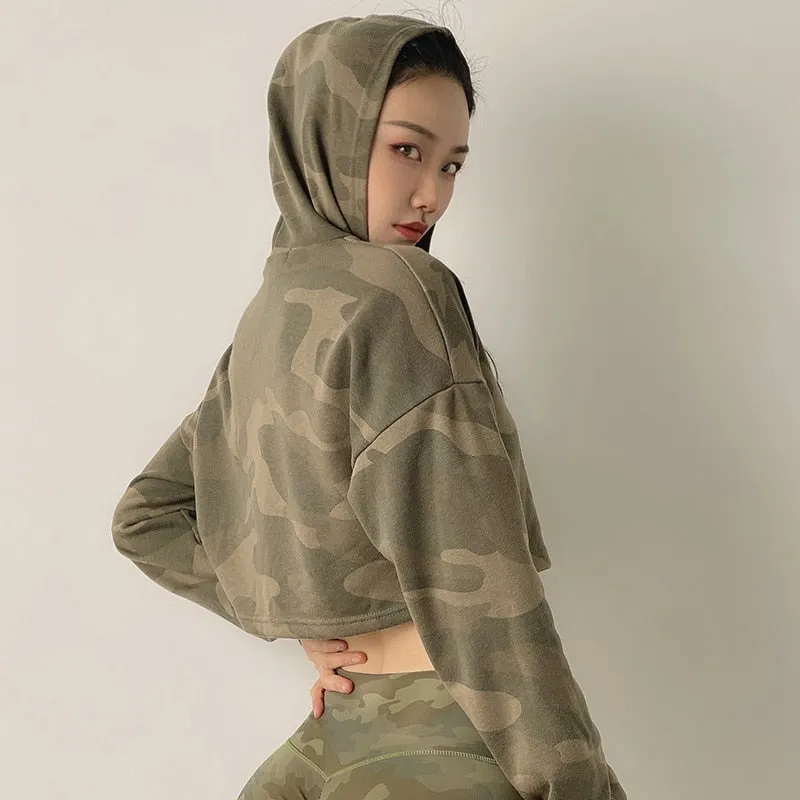Women Camouflage Running Jacket Hooded Gym Sport Sweatshirts Femme Jogger Fitness Hoodie Long Sleeve Yoga Shirts Crop Top