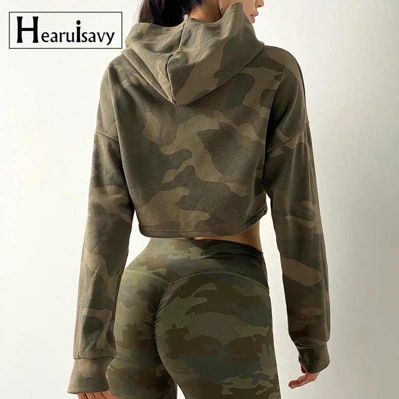 Women Camouflage Running Jacket Hooded Gym Sport Sweatshirts Femme Jogger Fitness Hoodie Long Sleeve Yoga Shirts Crop Top
