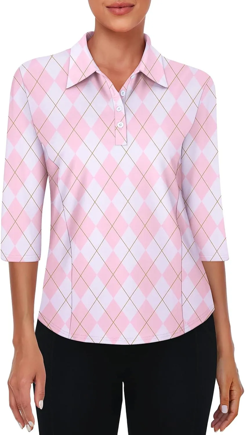 Zamowoty Women's 3/4 Sleeve Golf Tennis Polo Shirts 4-Button Dry Fit Workout Tops Athletic Shirt UPF50 