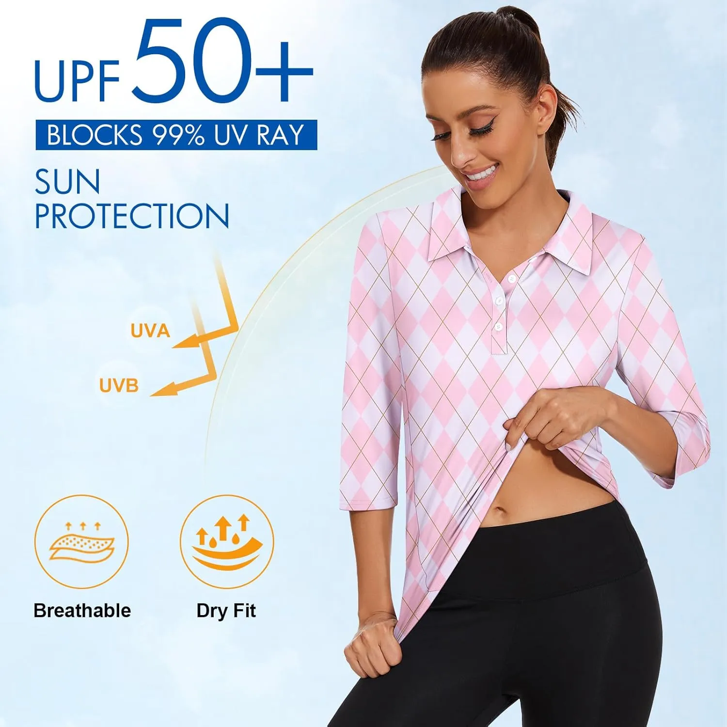 Zamowoty Women's 3/4 Sleeve Golf Tennis Polo Shirts 4-Button Dry Fit Workout Tops Athletic Shirt UPF50 