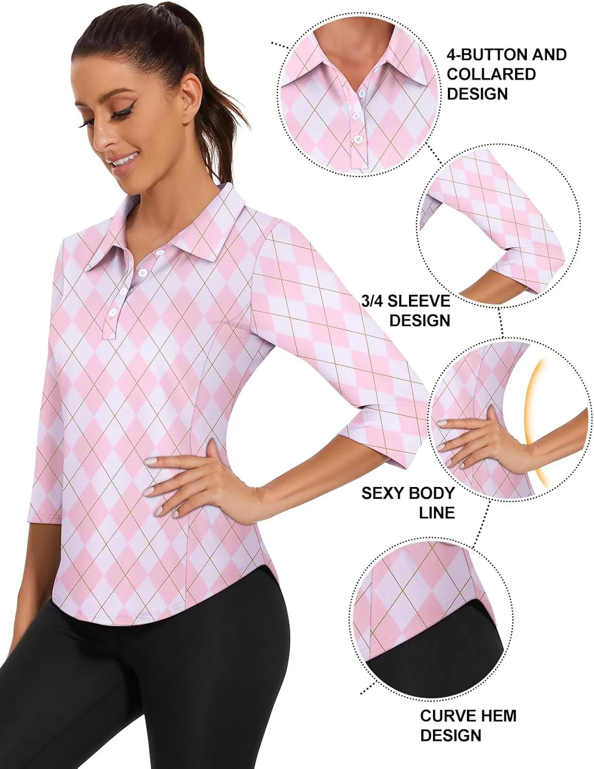 Zamowoty Women's 3/4 Sleeve Golf Tennis Polo Shirts 4-Button Dry Fit Workout Tops Athletic Shirt UPF50 